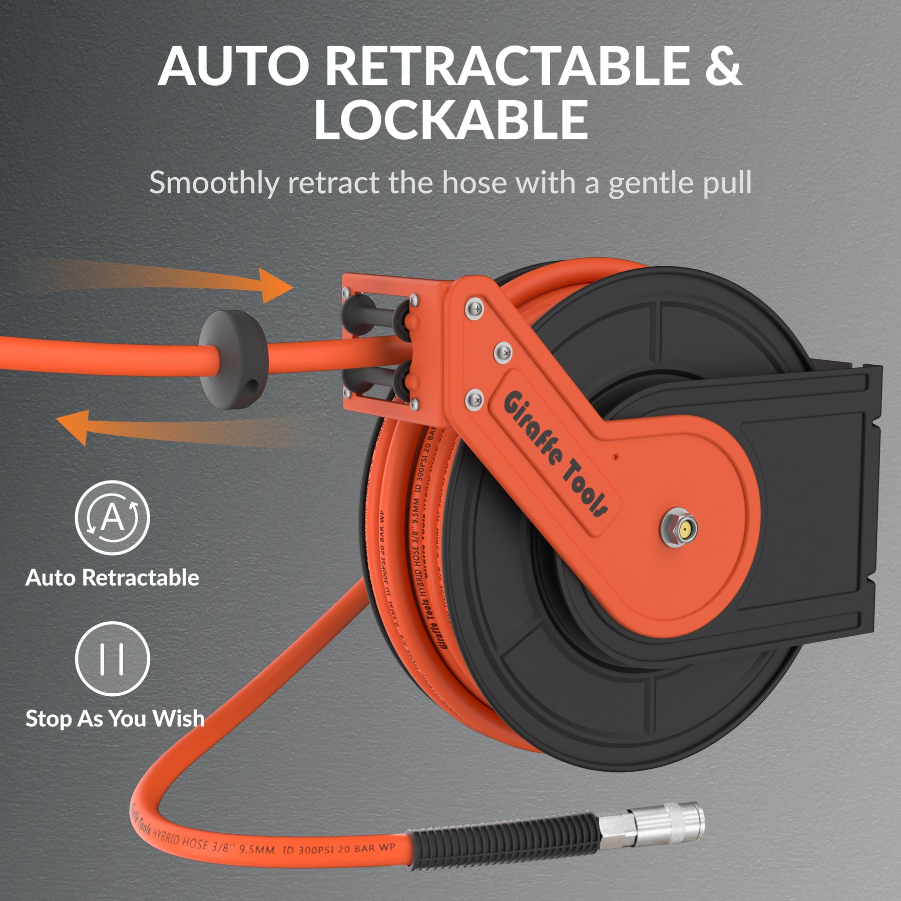 Giraffe Tools Retractable Air Hose Reel 10m 1/4 Connection Wall Mounted,  Auto Rewind Air Compressor Hose with 1/4'' x 1m Hybrid Air Line Lead-in  Hose, 180° Pivot Bracket, 20 Bar Max 