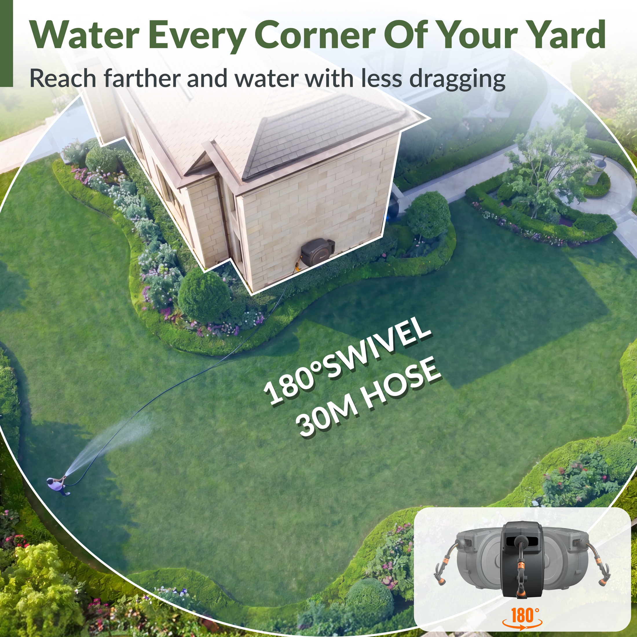 Giraffe Tools Retractable Garden Hose Reel-1/2in-30m Features 180° swivel and 100 ft hose reach for watering every corner.