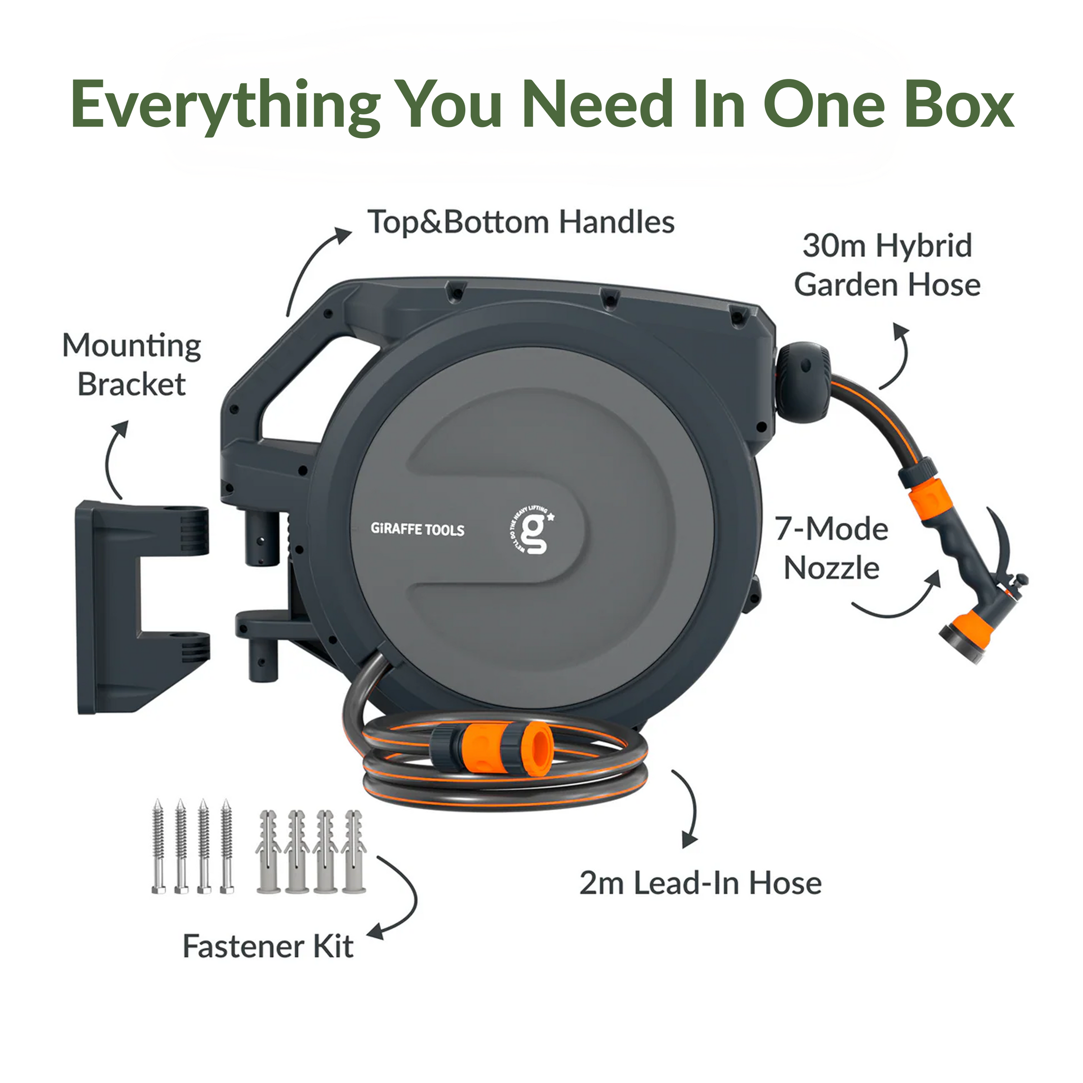 Giraffe Tools Retractable Garden Hose Reel-1/2in-30m Features hose reel, 9-mode nozzle, bracket, lead-in hose, and fastener kit.