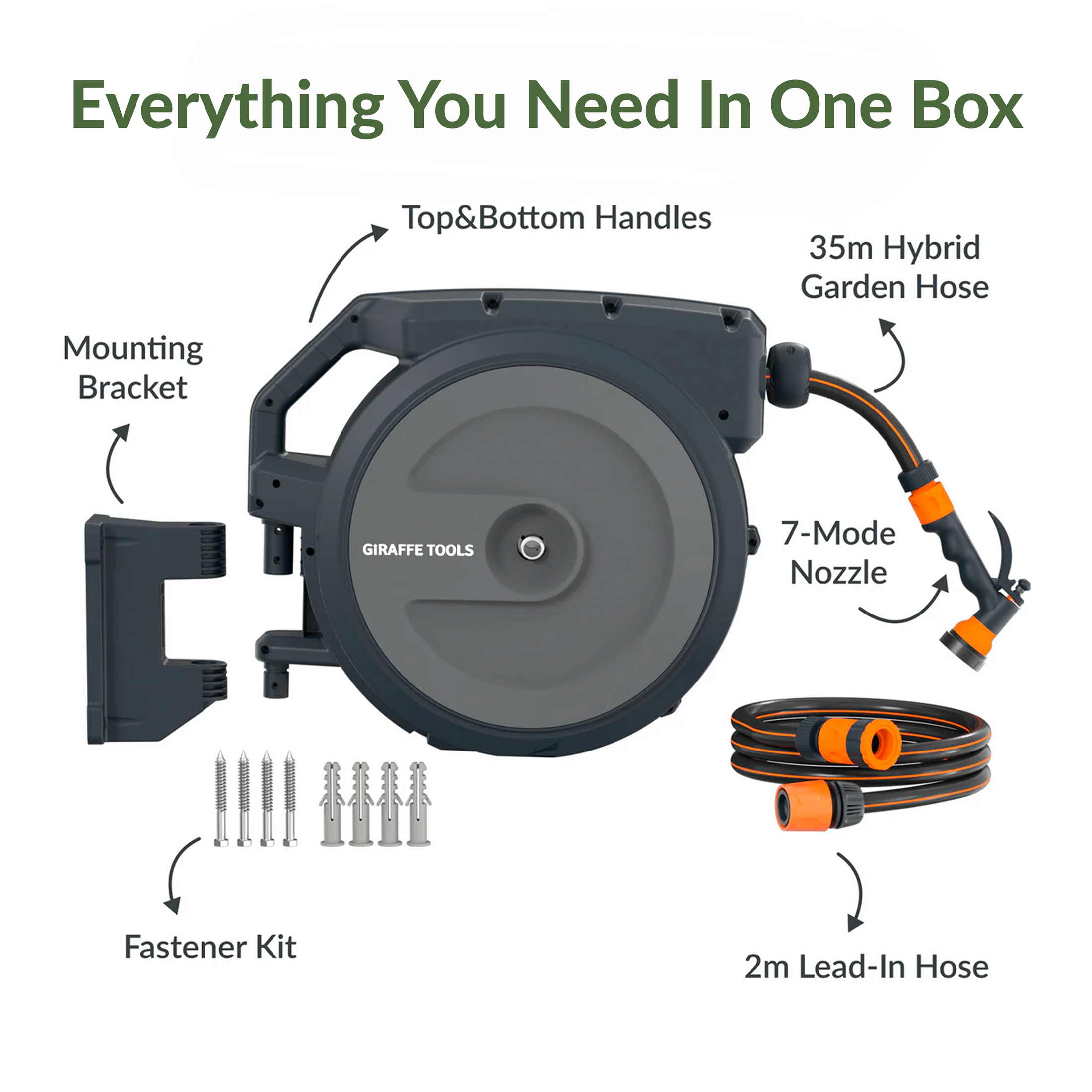 Giraffe Tools Retractable Garden Hose Reel-1/2in-35m Features hose reel, 9-mode nozzle, bracket, lead-in hose, and fastener kit.