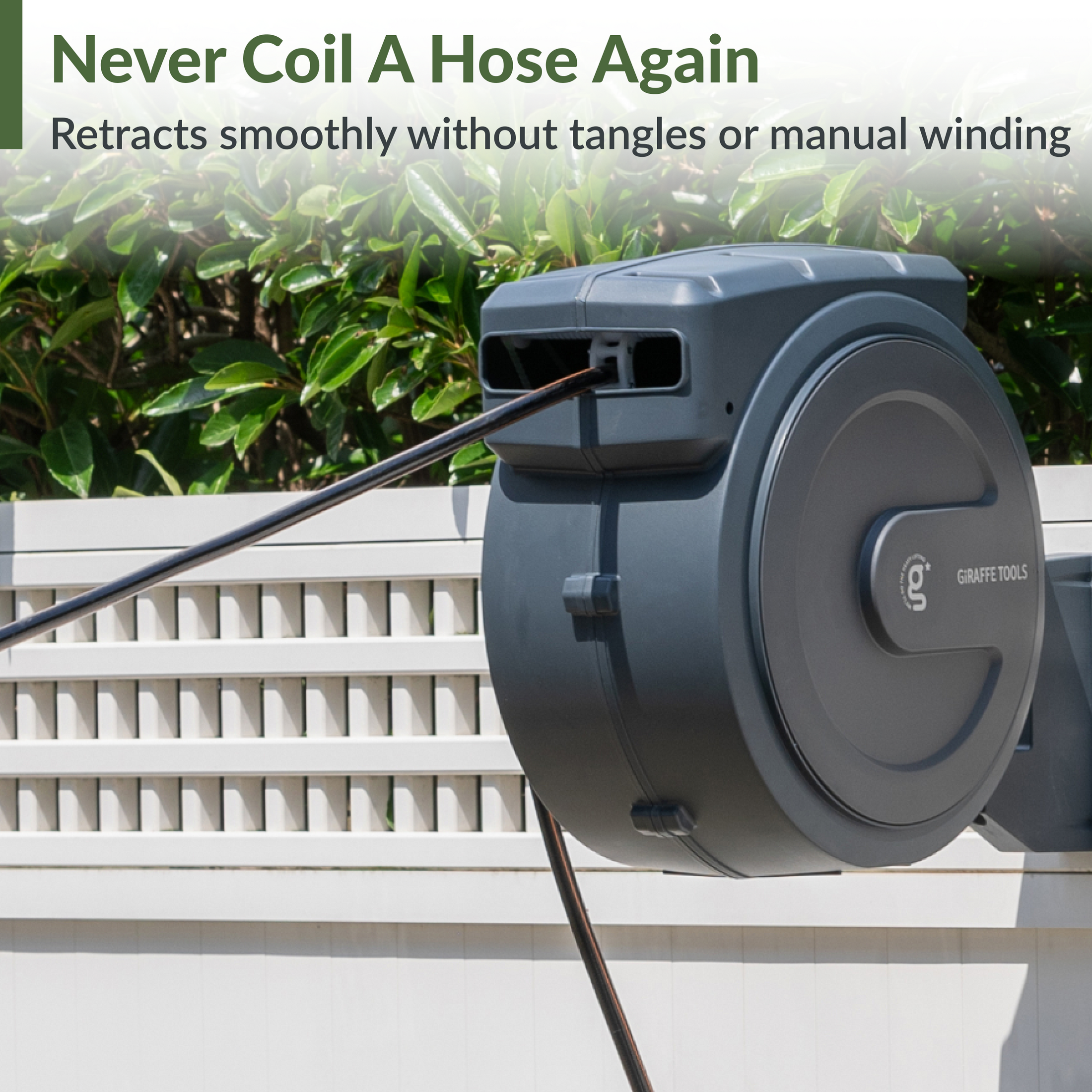 Giraffe ToolsRetractable Garden Hose Reel Features smooth hose retraction without tangles or manual winding.