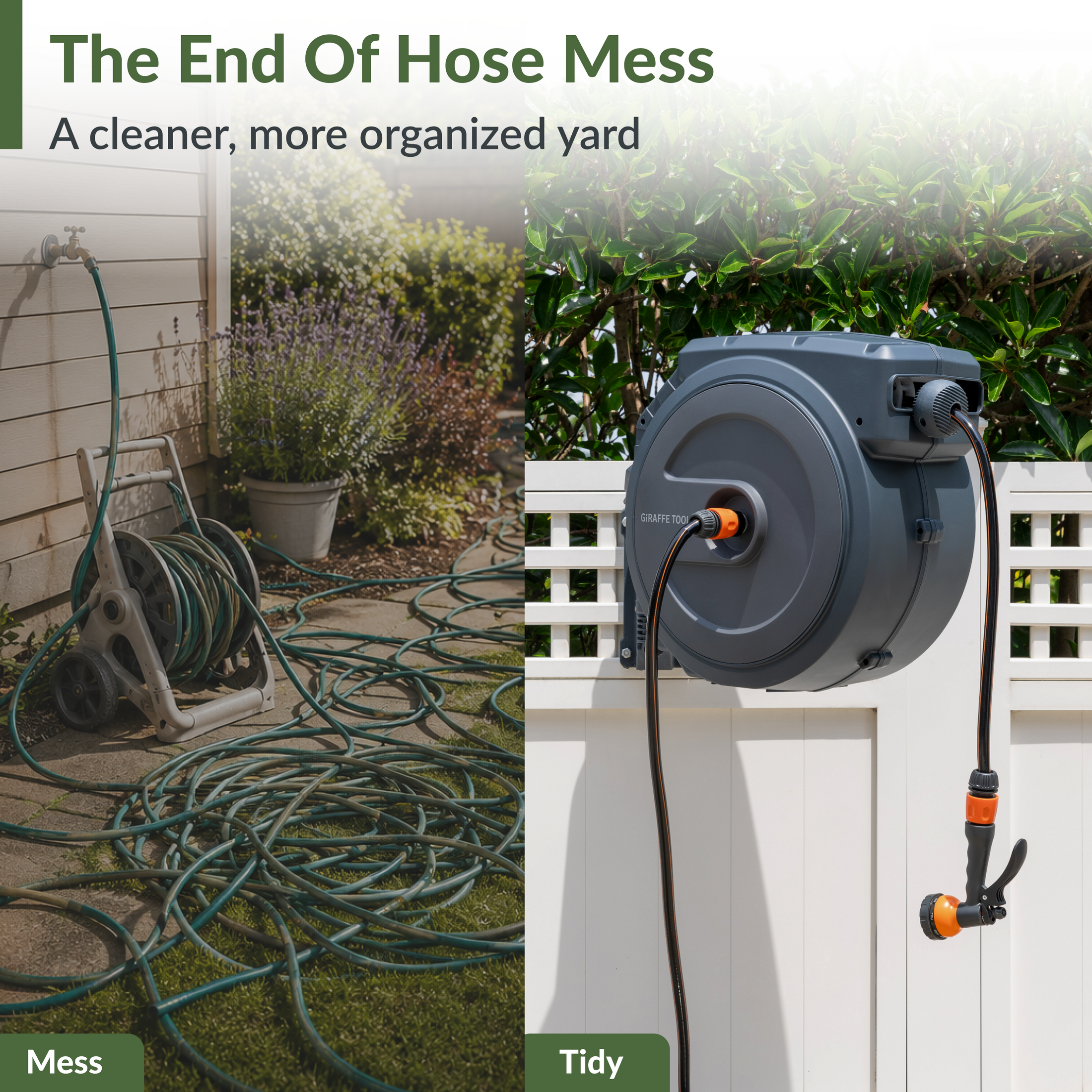 Giraffe Tools Retractable Garden Hose Reel Features a messy-to-tidy yard comparison to reduce hose clutter.