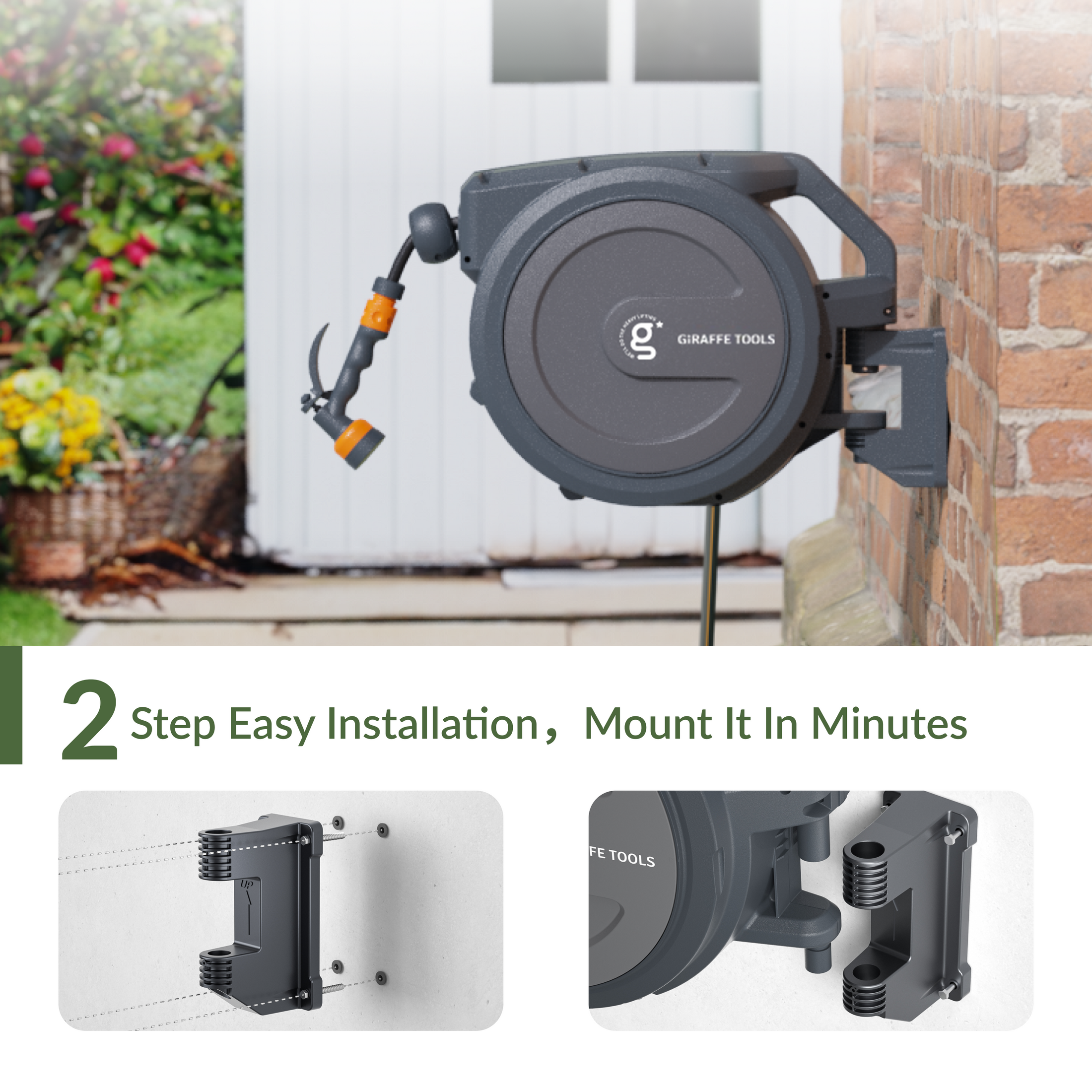 Giraffe Tools Retractable Garden Hose Reel Features 2-step easy installation with a wall-mounted bracket.