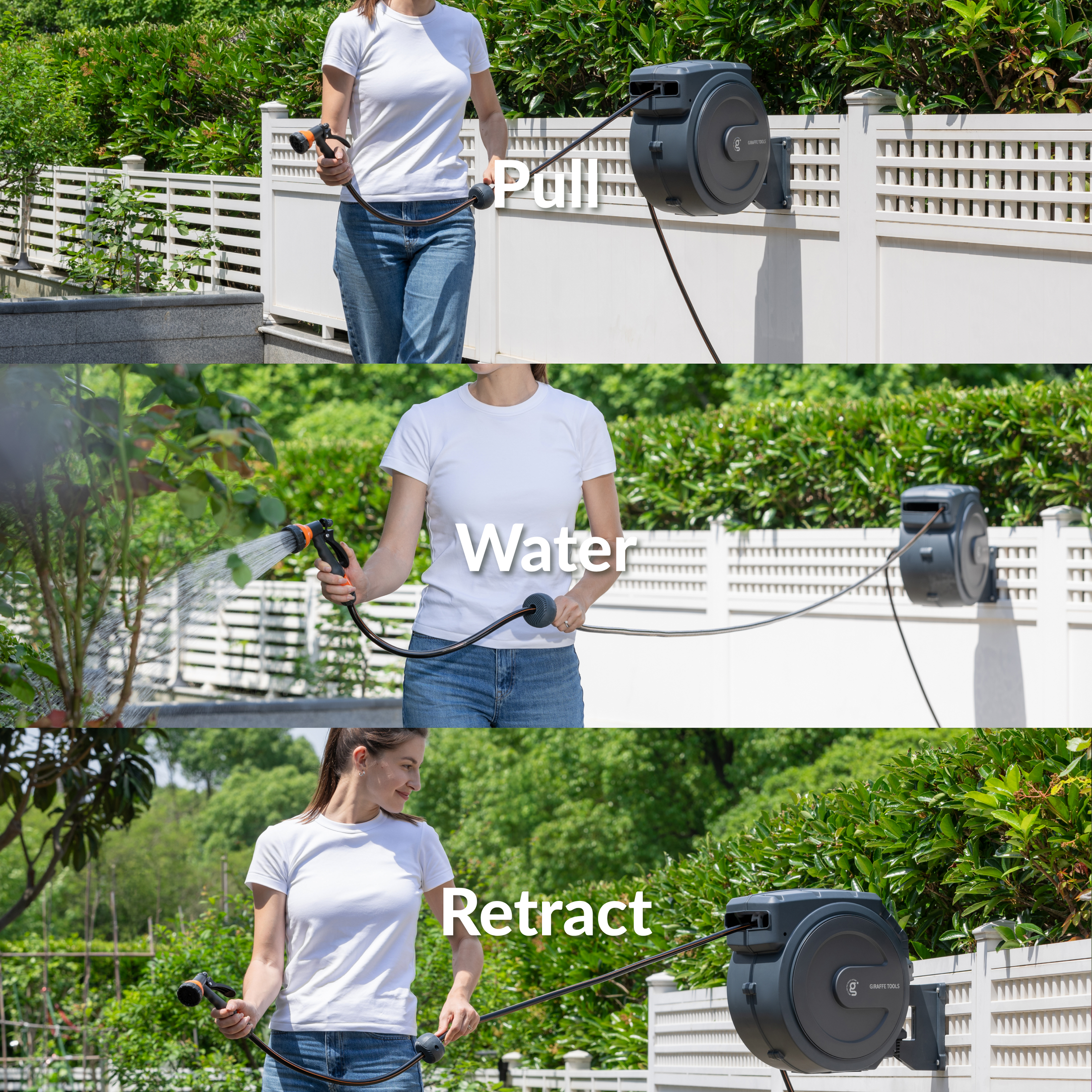 Giraffe Tools Retractable Garden Hose Reel Features pull, water, and retract steps for easier yard watering.