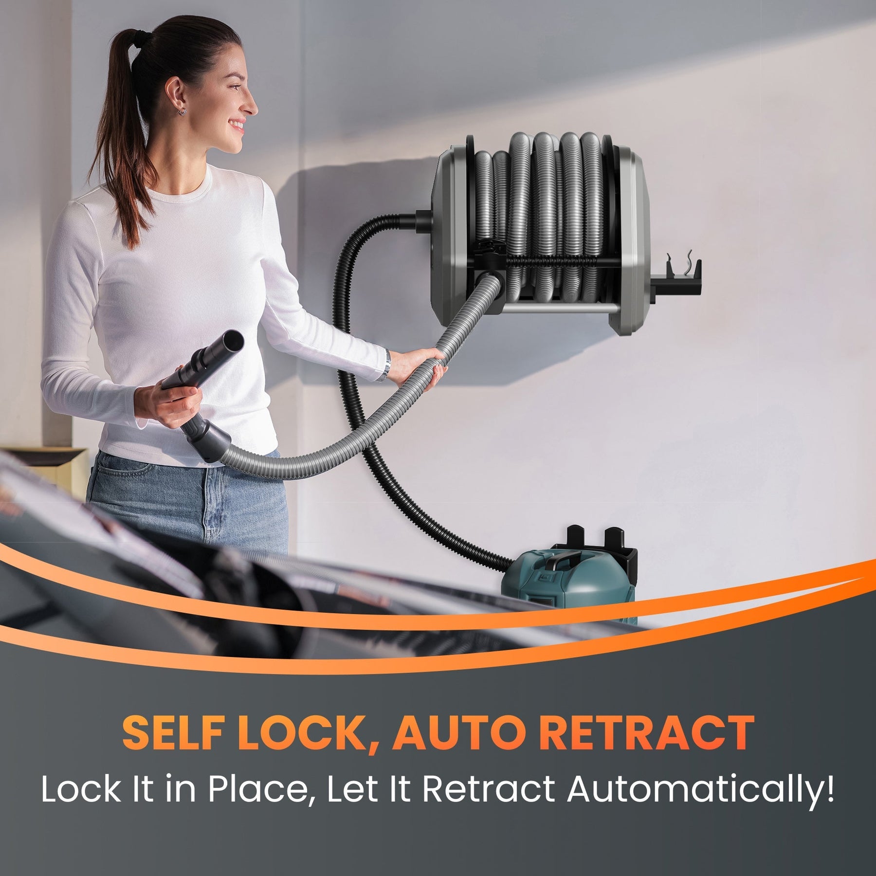 Giraffe Tools Retractable Vacuum Extension Hose Reel - Self Lock, auto retract