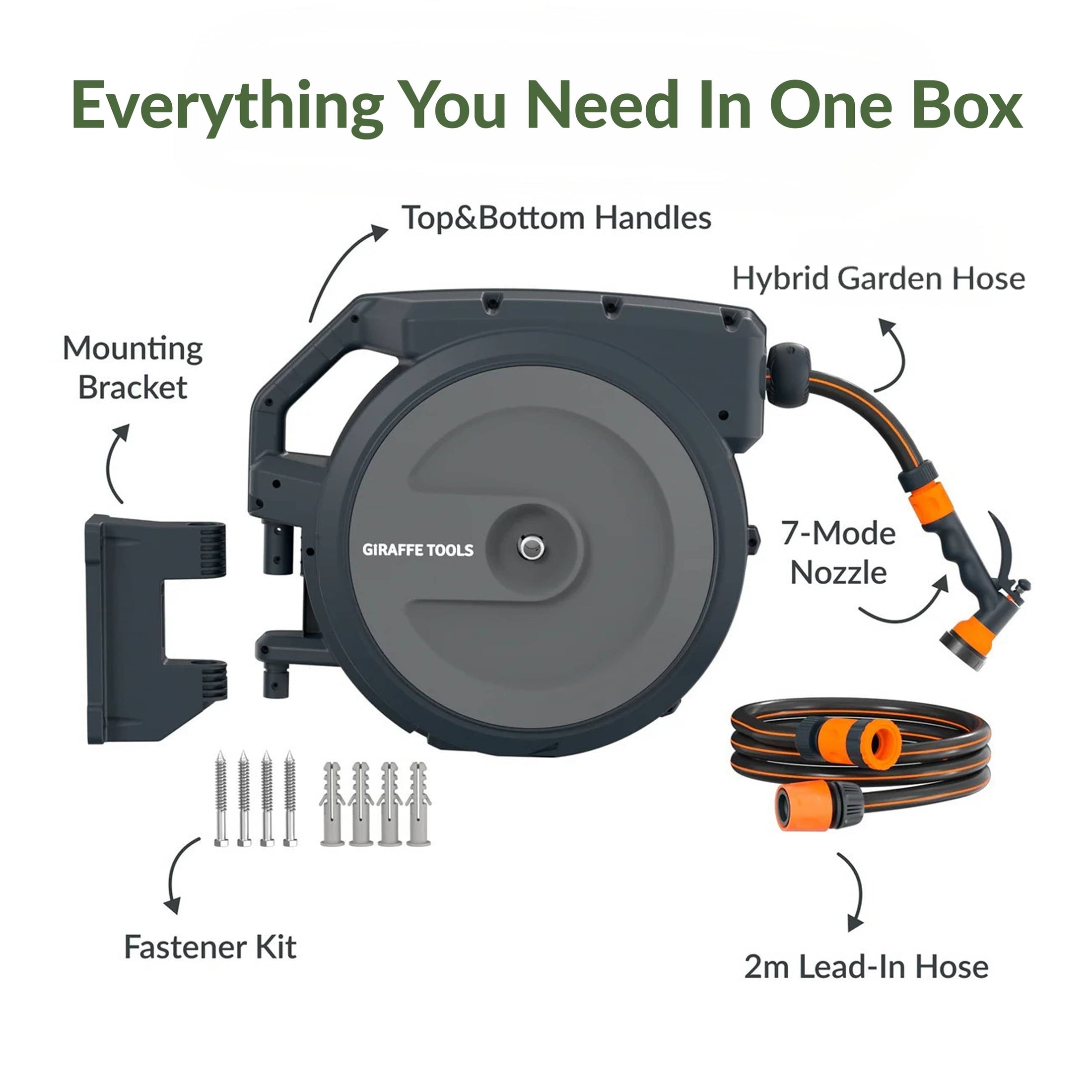 Giraffe Tools Retractable Garden Hose Reel Features hose reel, 9-mode nozzle, bracket, lead-in hose, and fastener kit.