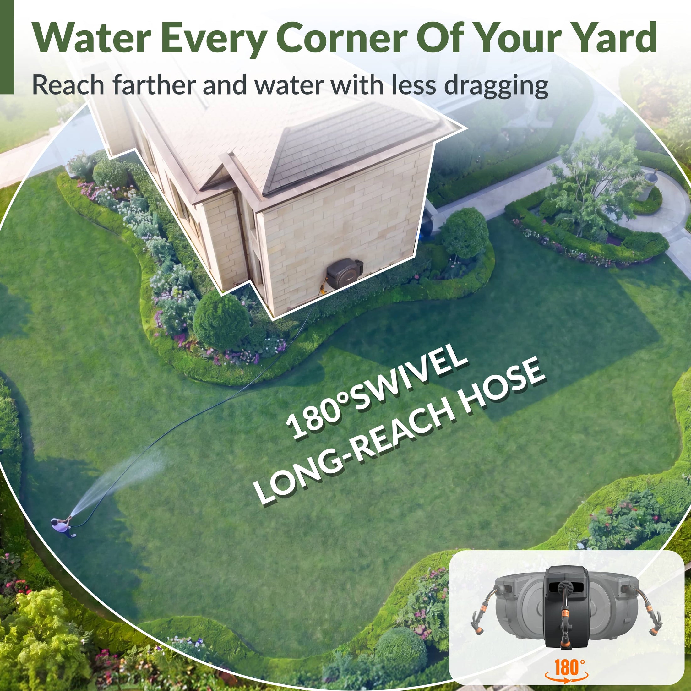 Giraffe Tools Retractable Garden Hose Reel Features 180° swivel and 100 ft hose reach for watering every corner.
